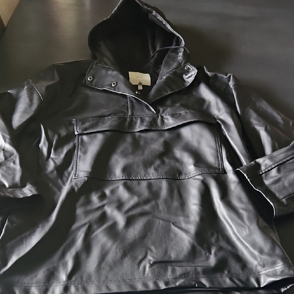 Black Hooded Faux Leather Jacket/ Sweater